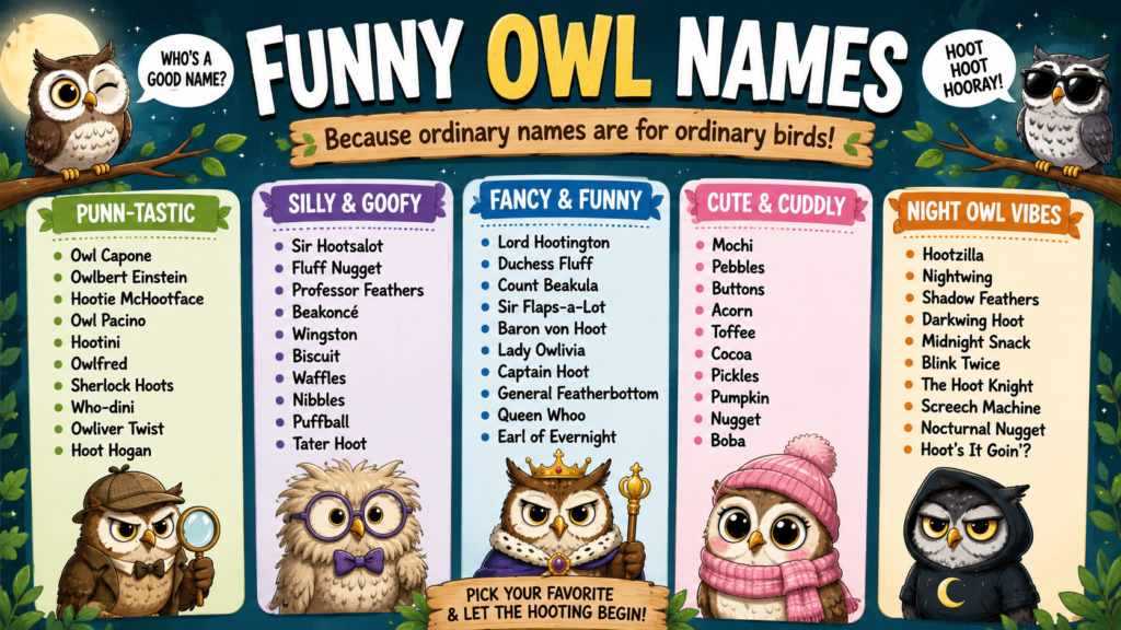 Discover 500+ funny owl names with clever, cute, punny, and unique ideas for pets, characters, mascots, and more.